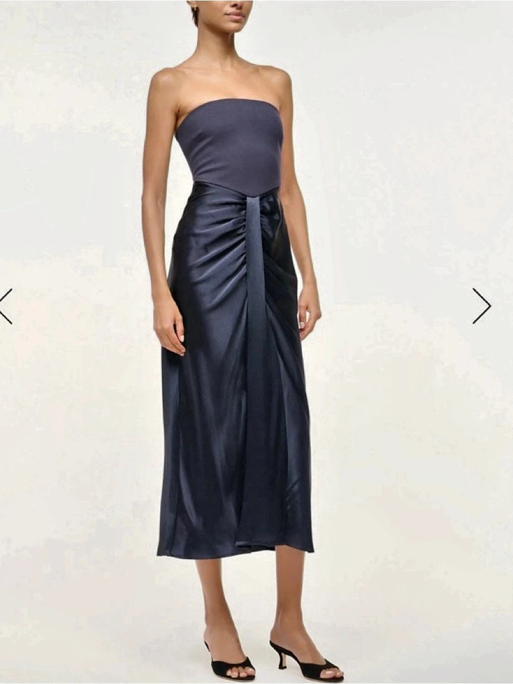 STAUD Midi Wayfaring Dress Ruched Strapless Blue Size 10 NWT retails $450 - Picture 2 of 9